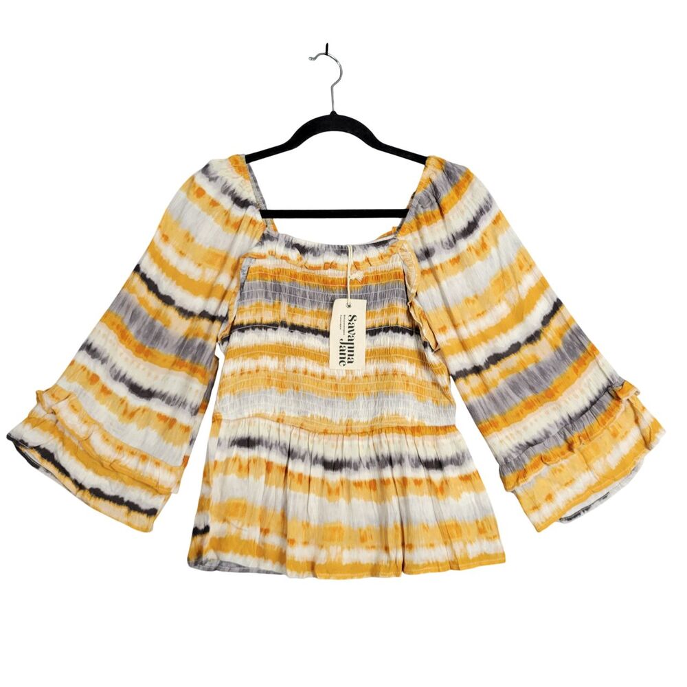 SAVANNA JANE Orange Striped Bohemian Artsy Lightweight Smocked Top SIZE MEDIUM